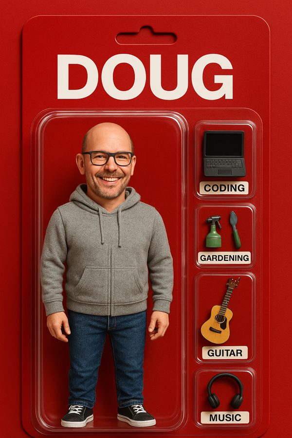 Doug as a toy action figure in red packaging with coding, gardening, guitar and music accessories